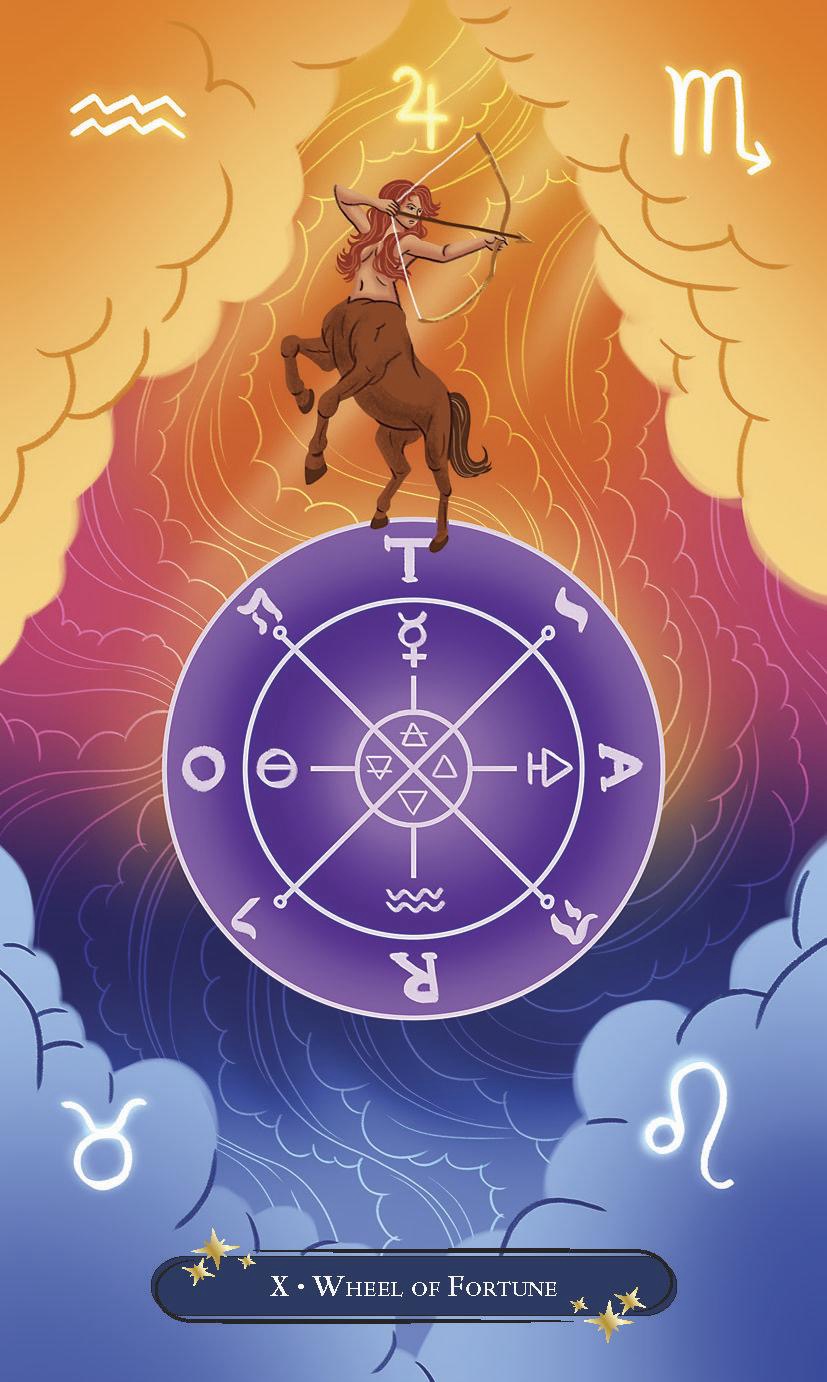 A tarot card illustration labeled 'X - Wheel of Fortune' showing a purple circular wheel of fate with white symbols, a brown horse figure, and a warm-to-cool gradient sky with zodiac symbols around the edges.