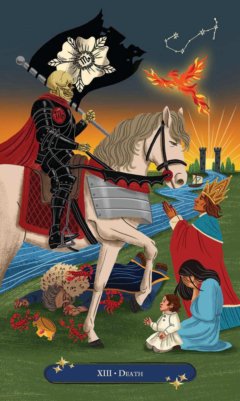 Tarot card depicting the 'Death' card with a rider on a horse, a woman, and various symbols.