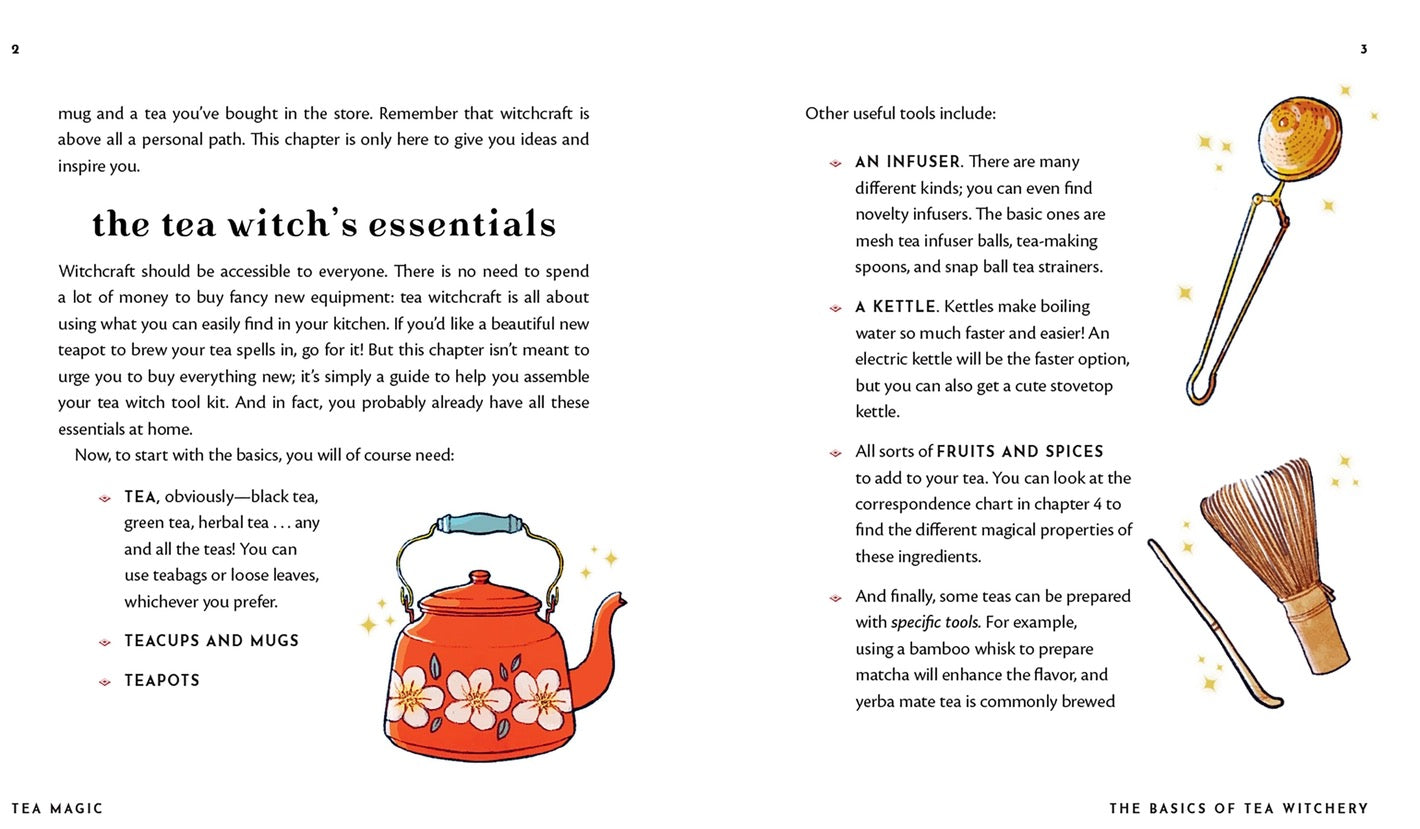 Page from a book about tea witchery with illustrations of kitchen tools and a teapot.