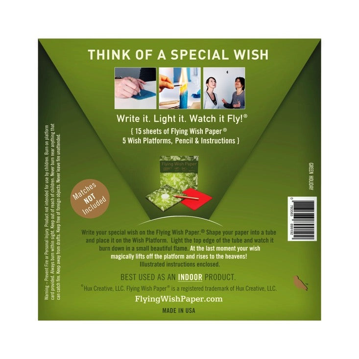 Green packaging for Flying Wish Paper with text and images on a white background