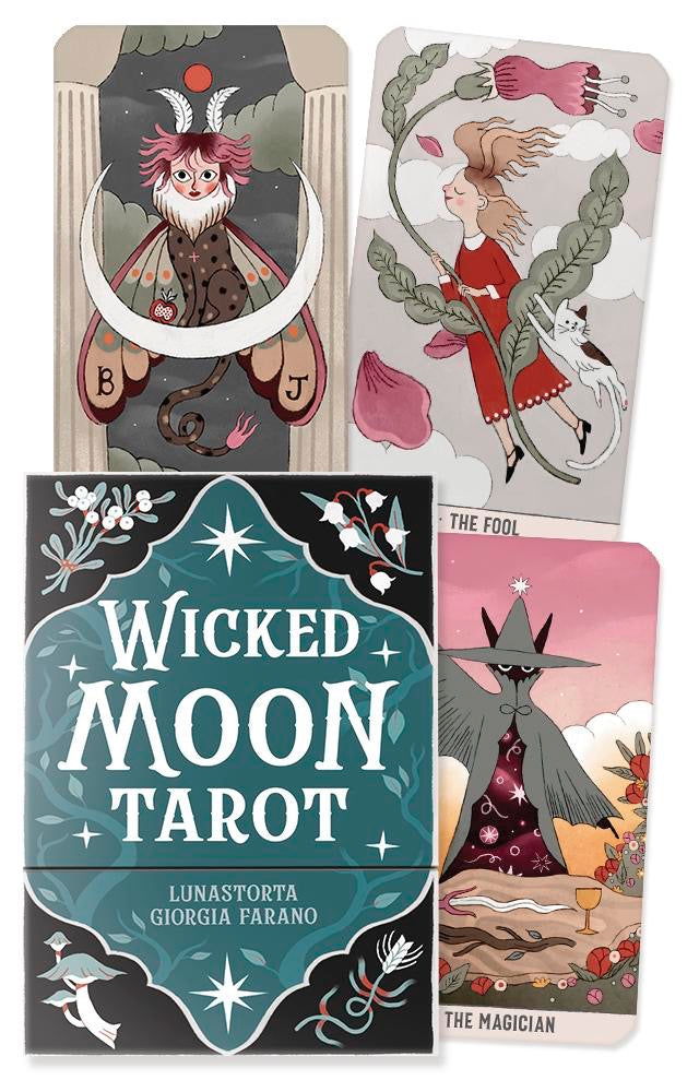 Wicked Moon Tarot cards with illustrations of characters and the tarot deck cover.