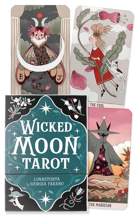 Wicked Moon Tarot cards with illustrations of characters and the tarot deck cover.