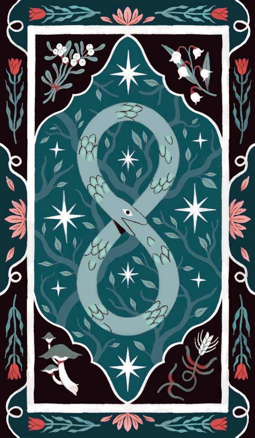 Decorative design with a snake, flowers, and stars on a dark background