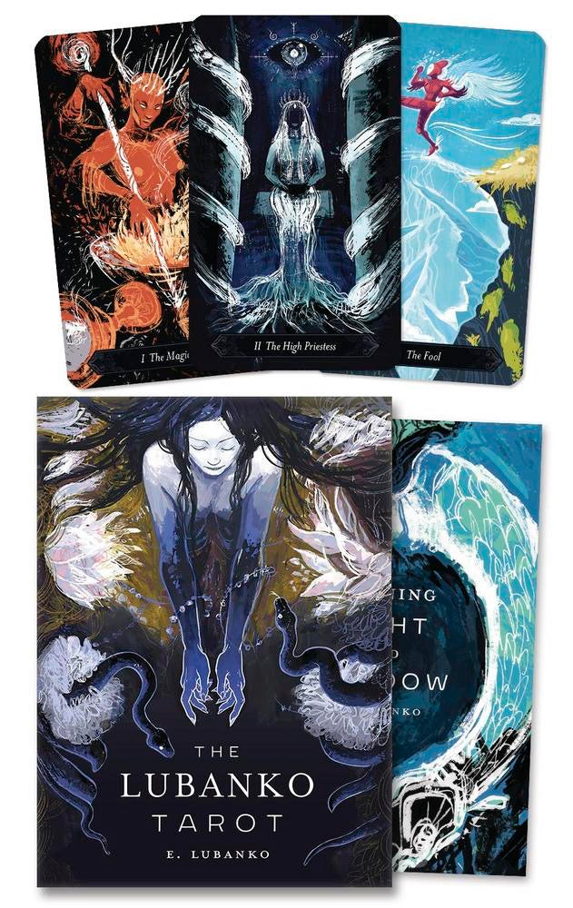 Collection of tarot cards from 'The Lubanko Tarot' with artistic designs and text.