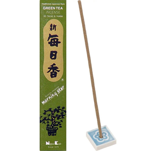 Green tea incense packaging with a single incense stick on a white background