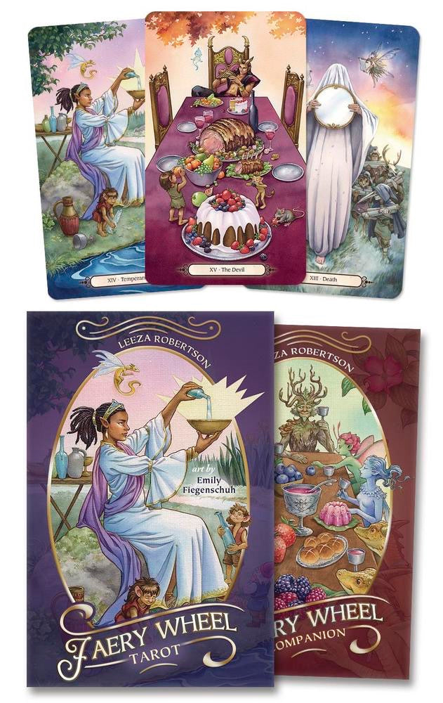 Four tarot card illustrations and two book covers for 'Faery Wheel Tarot' and 'Faery Wheel Tarot Companion' arranged on a white background.