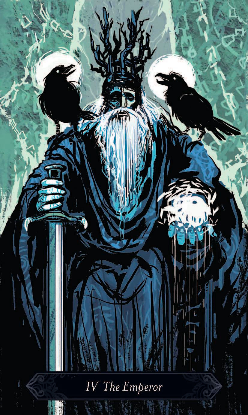 Card featuring 'The Emperor' from a tarot deck with a dark, mystical design.