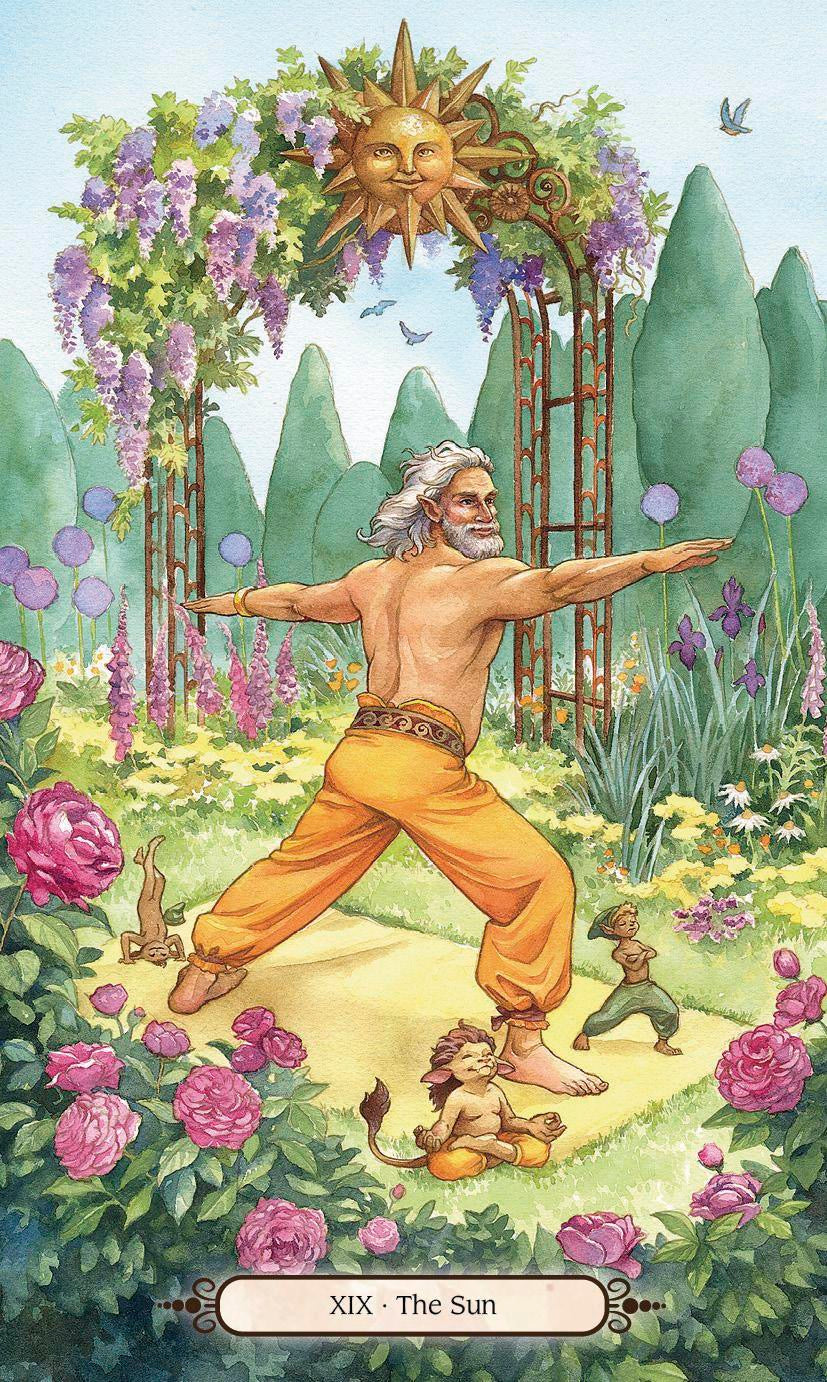 Man in yellow robes standing in a garden with flowers and a sun symbol above, labeled 'The Sun'.