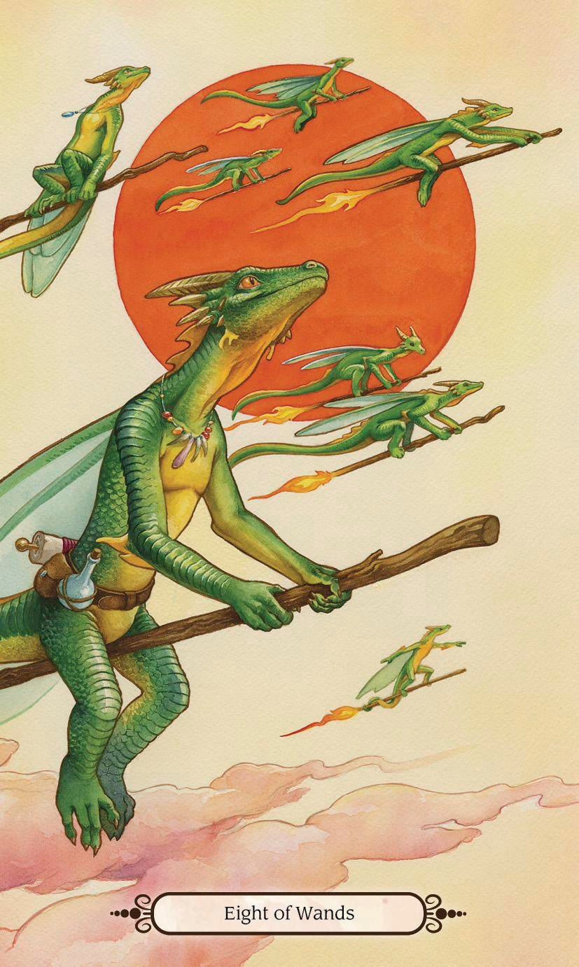 Illustrated card art titled 'Eight of Wands' showing a green dragon-like figure riding a wand through pink clouds, with several small green winged creatures flying around against a large orange-red sun on a cream background.