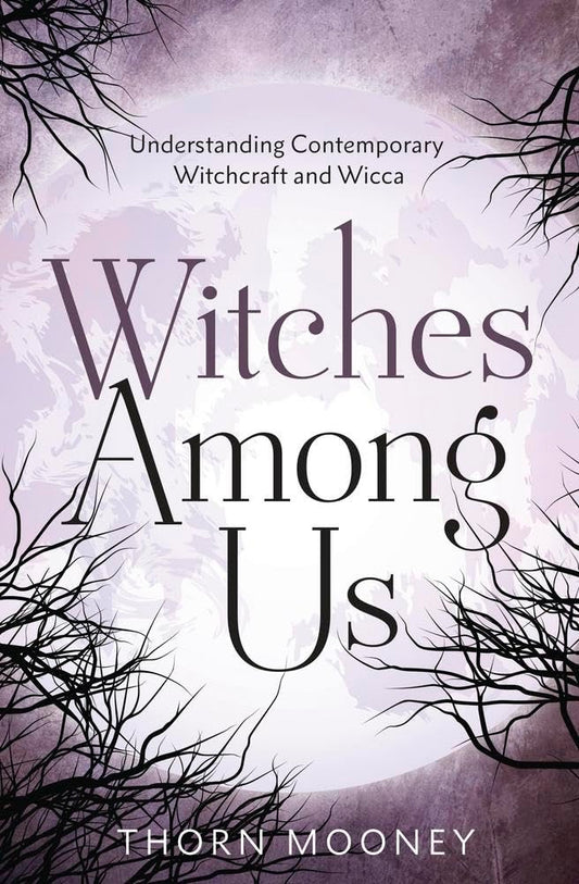 Book cover of 'Witches Among Us' with branches and a purple gradient background
