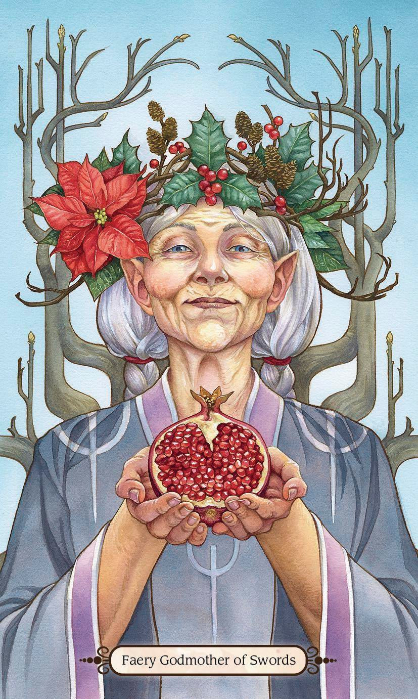 Illustration of a fairy holding a pomegranate with antlers and flowers in the background