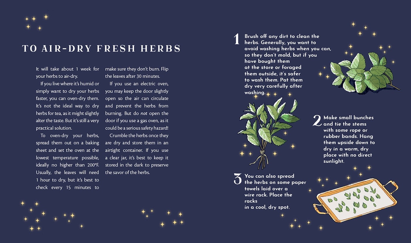 Instructions for air-drying fresh herbs with text and illustrations on a dark blue background.