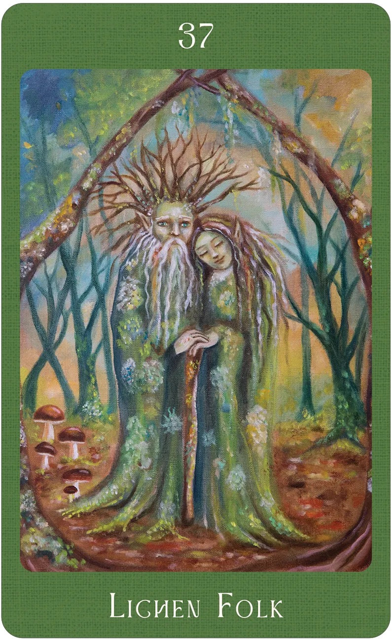 Tarot card featuring a man and woman with long beards in a forest setting, labeled 'Lichen Folk'.