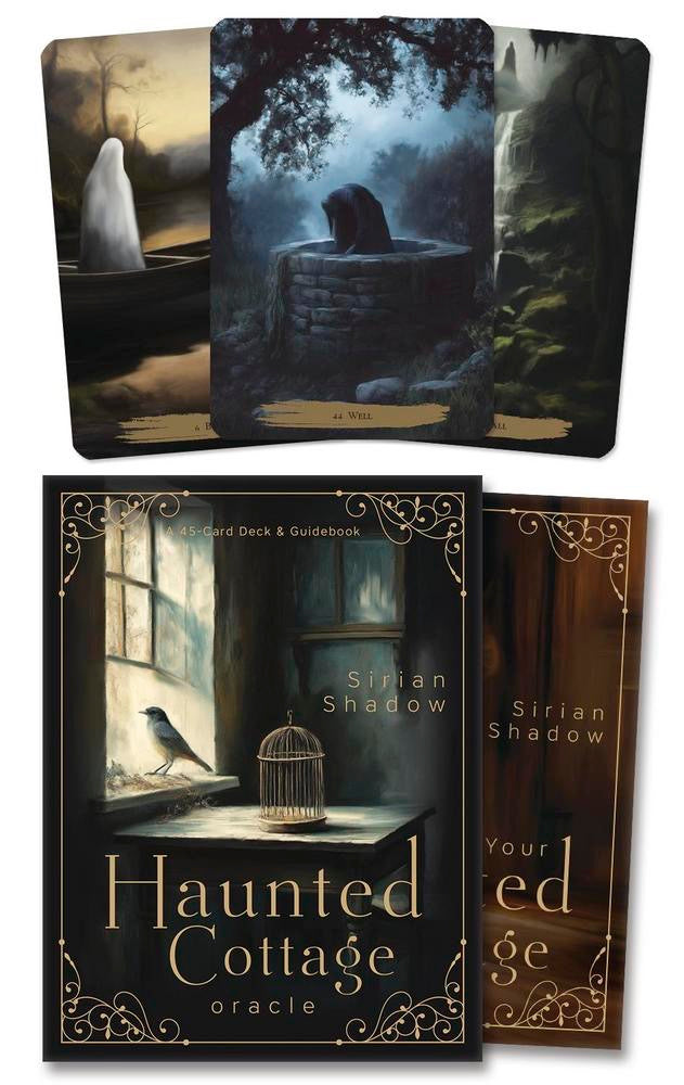 Haunted Cottage Oracle card deck and guidebook set by Sirian Shadow, featuring a dark illustrated cover with a bird on a windowsill and a birdcage, plus a second card partially visible behind it.