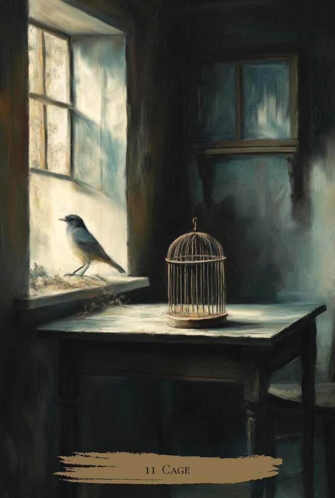 Birdcage on a table by a window with a bird perched outside, in a dimly lit room.