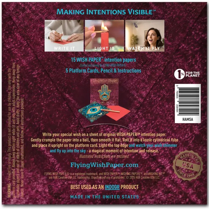 Back cover of a product packaging for 'Flying Wish Paper' with text and images on a maroon background.
