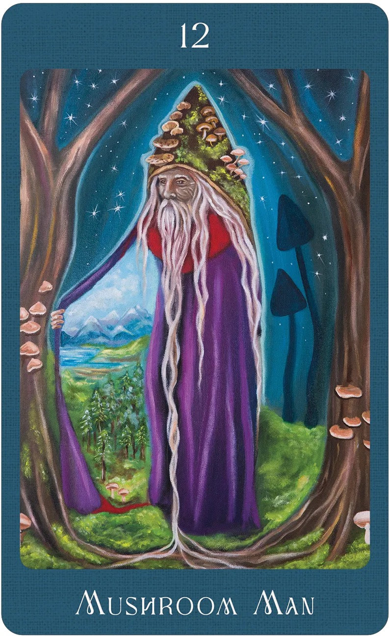 Tarot card featuring a figure labeled 'Mushroom Man' standing between trees with a scenic background.