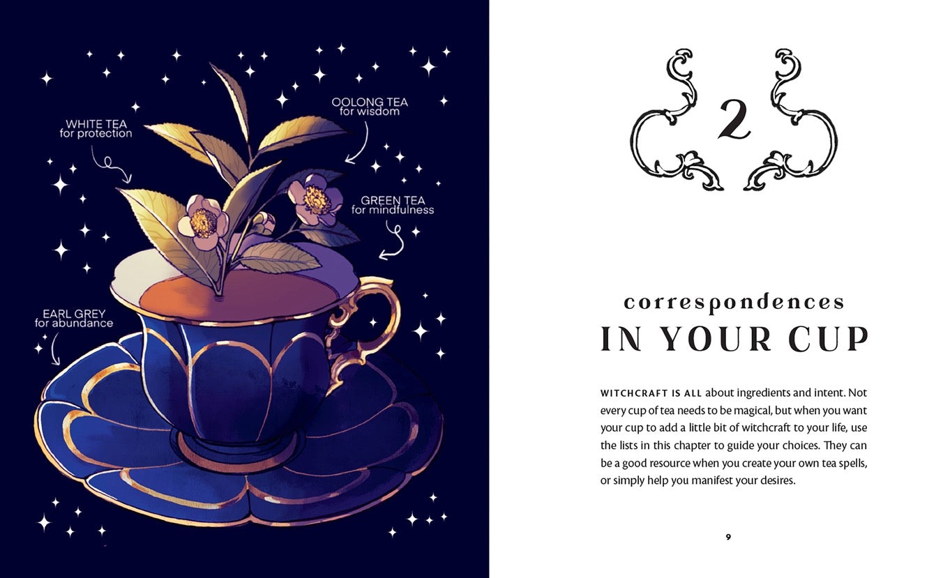 Tea cup with floral elements and text on a dark background