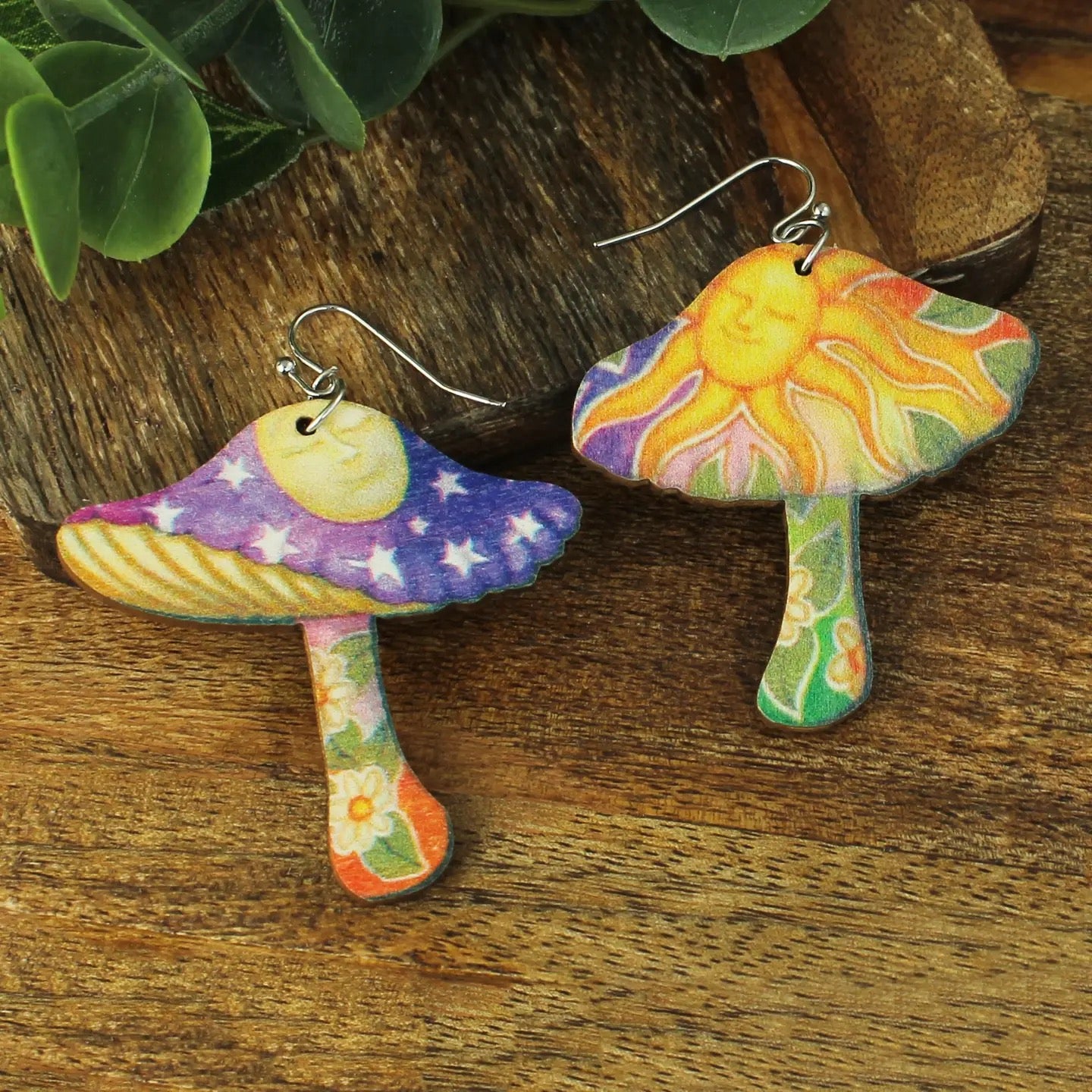 Earring Morning Sun Moon Mushroom Wood