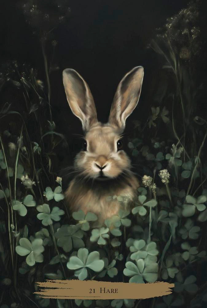 Illustration of a rabbit among clover flowers on a dark background