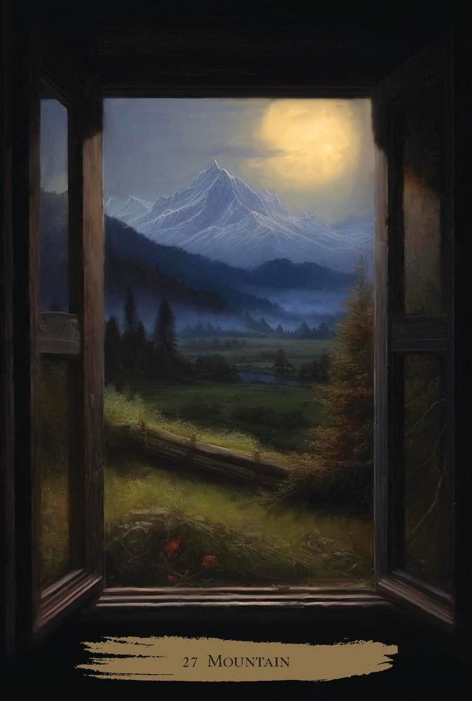 Painting of a mountain landscape viewed through a window with a warm glow.