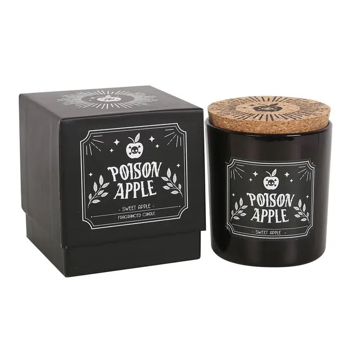 Black candle labeled 'Poison Apple' with a cork lid next to its packaging on a white background