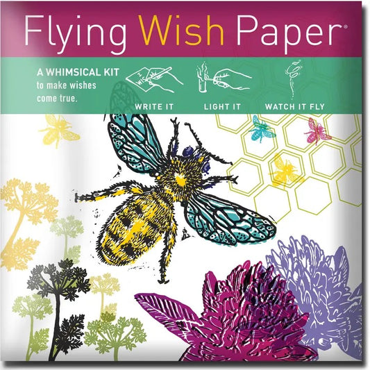 Flying Wish Paper product packaging with a colorful bee illustration and floral designs.