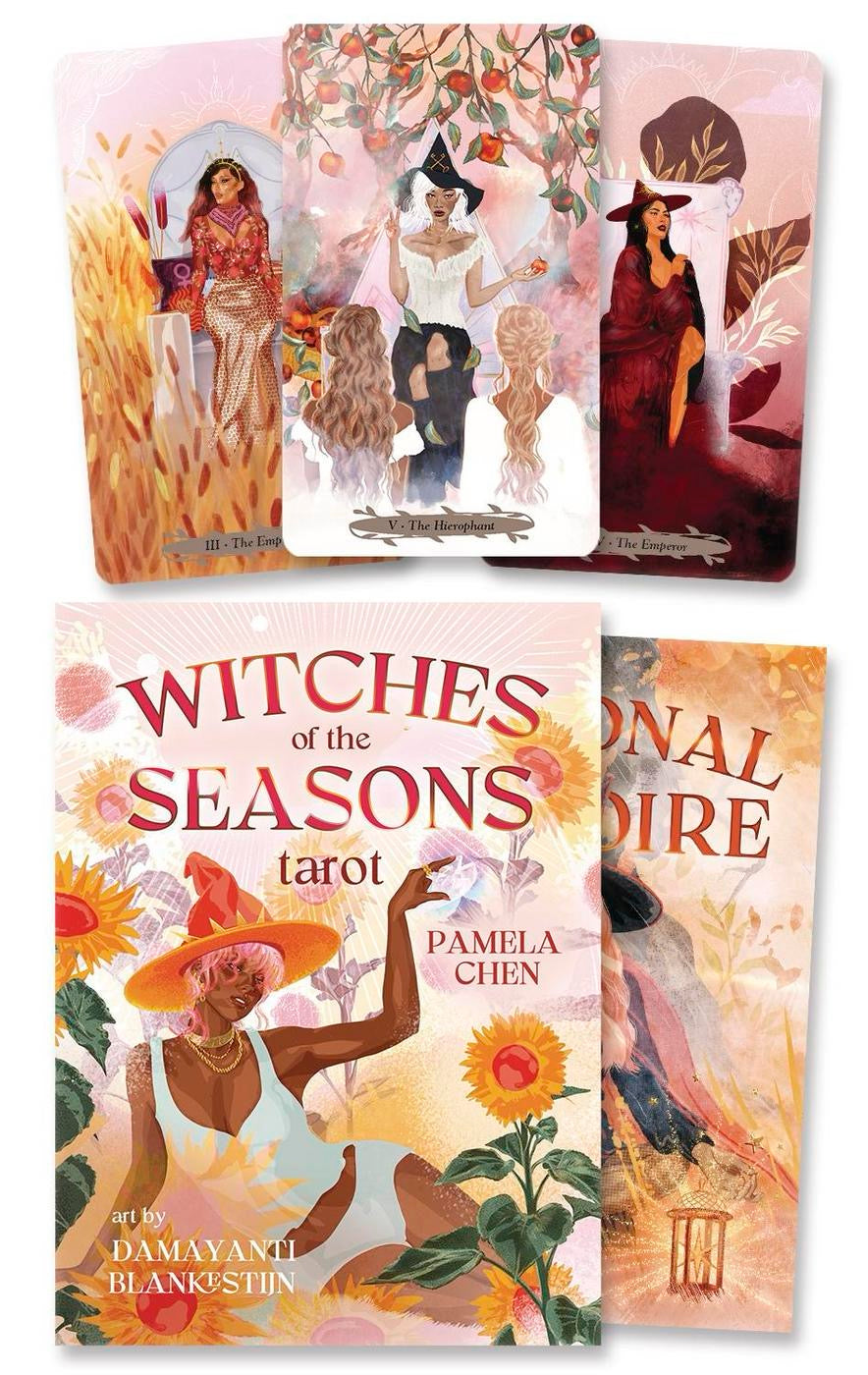 Witches of the Seasons tarot cards with artistic illustrations on a white background