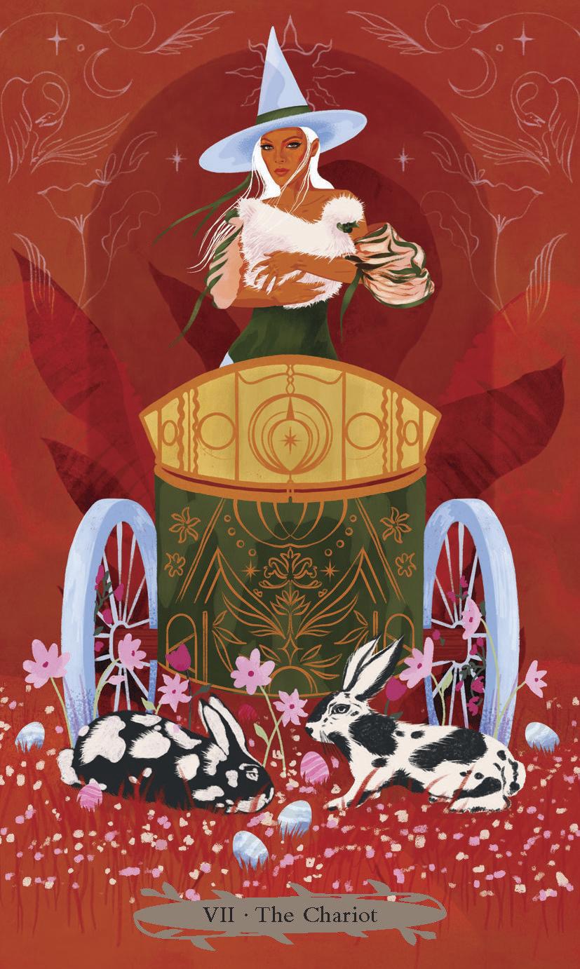 Tarot card featuring a figure in a chariot with two animals, on a red background.