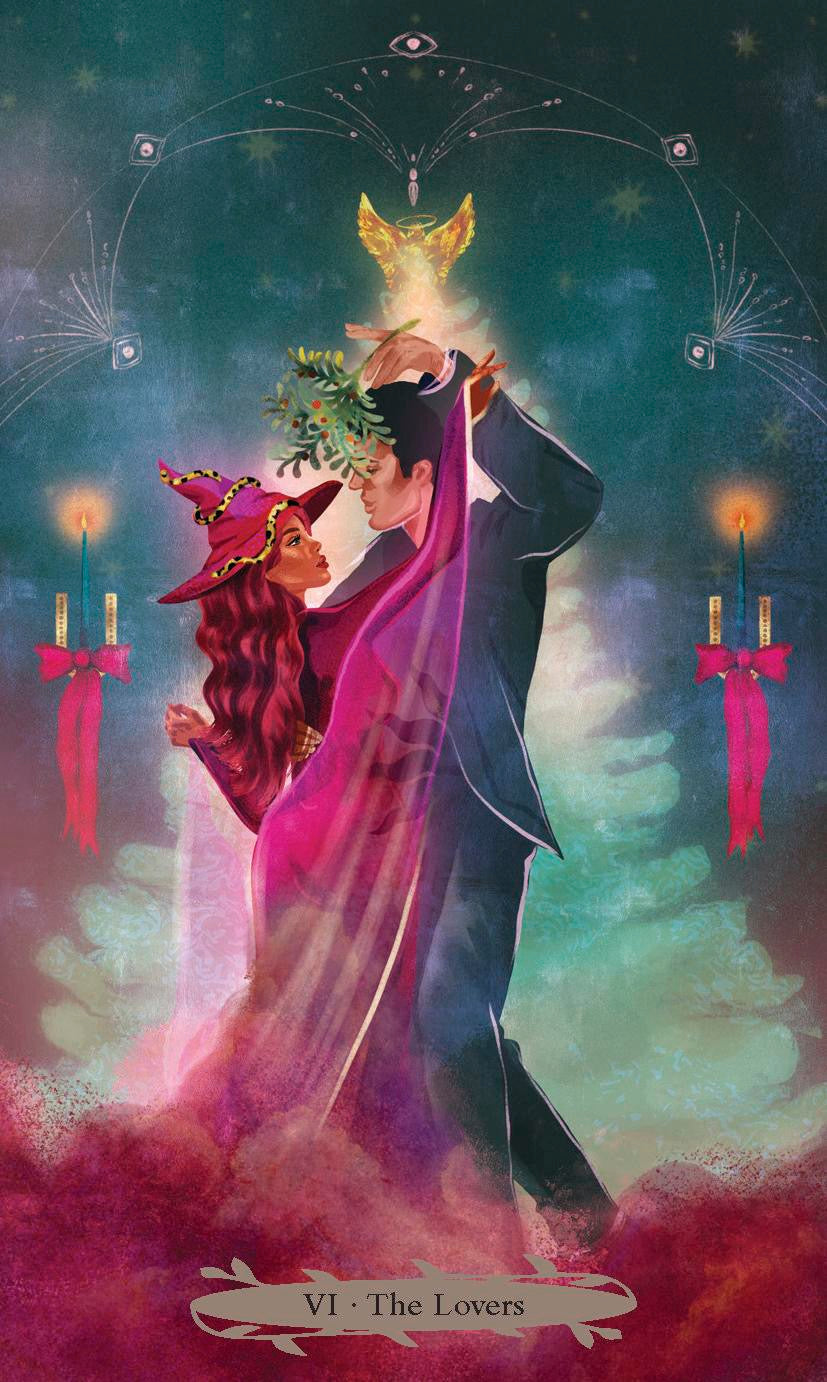 A stylized tarot card illustration titled 'VI - The Lovers' showing a man in a dark suit and a woman in a purple witch's hat and gown embracing under a glowing golden bird and celestial symbols.