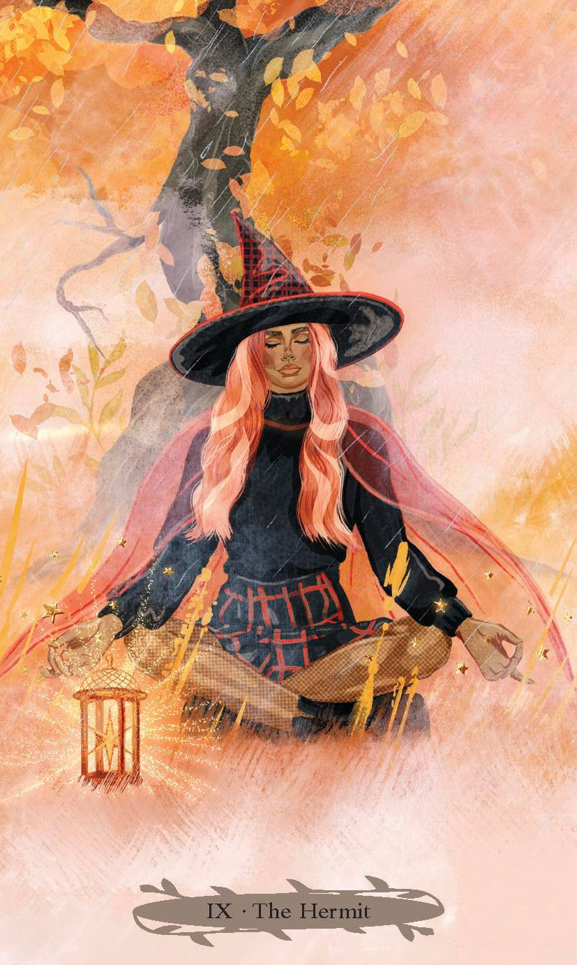 Tarot card featuring a person in a witch's hat with a tree and flames in the background, labeled 'The Hermit'.