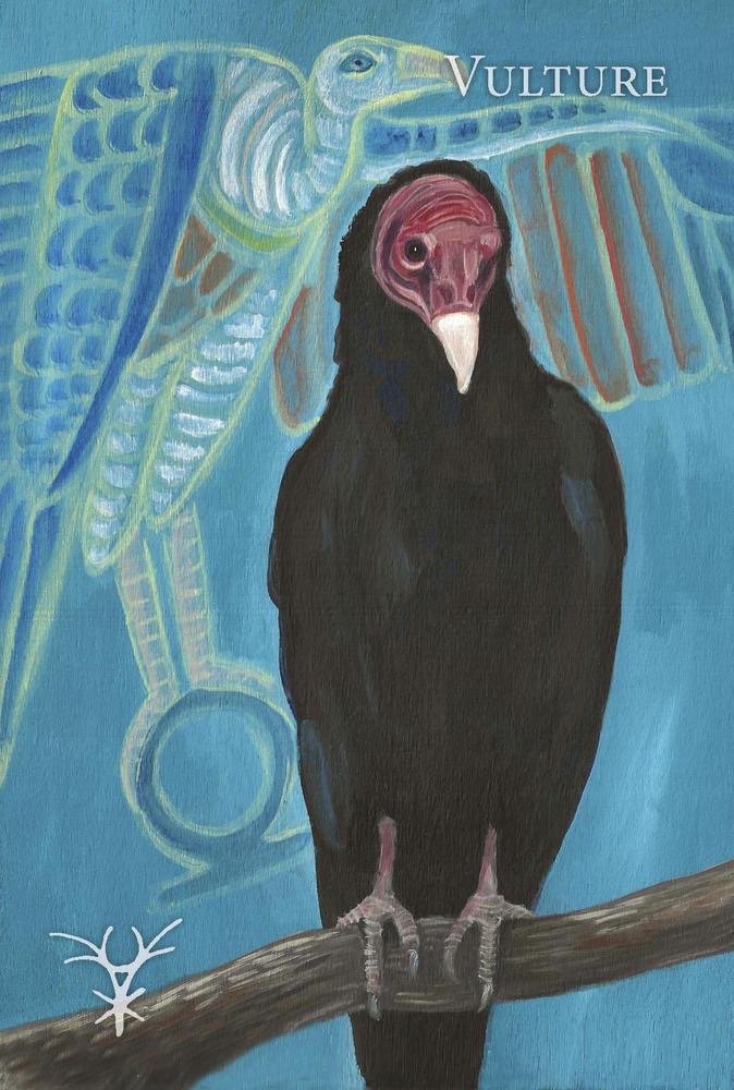 Artistic depiction of a vulture on a branch with abstract background