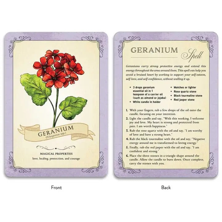 Geranium card front and back with purple back ground