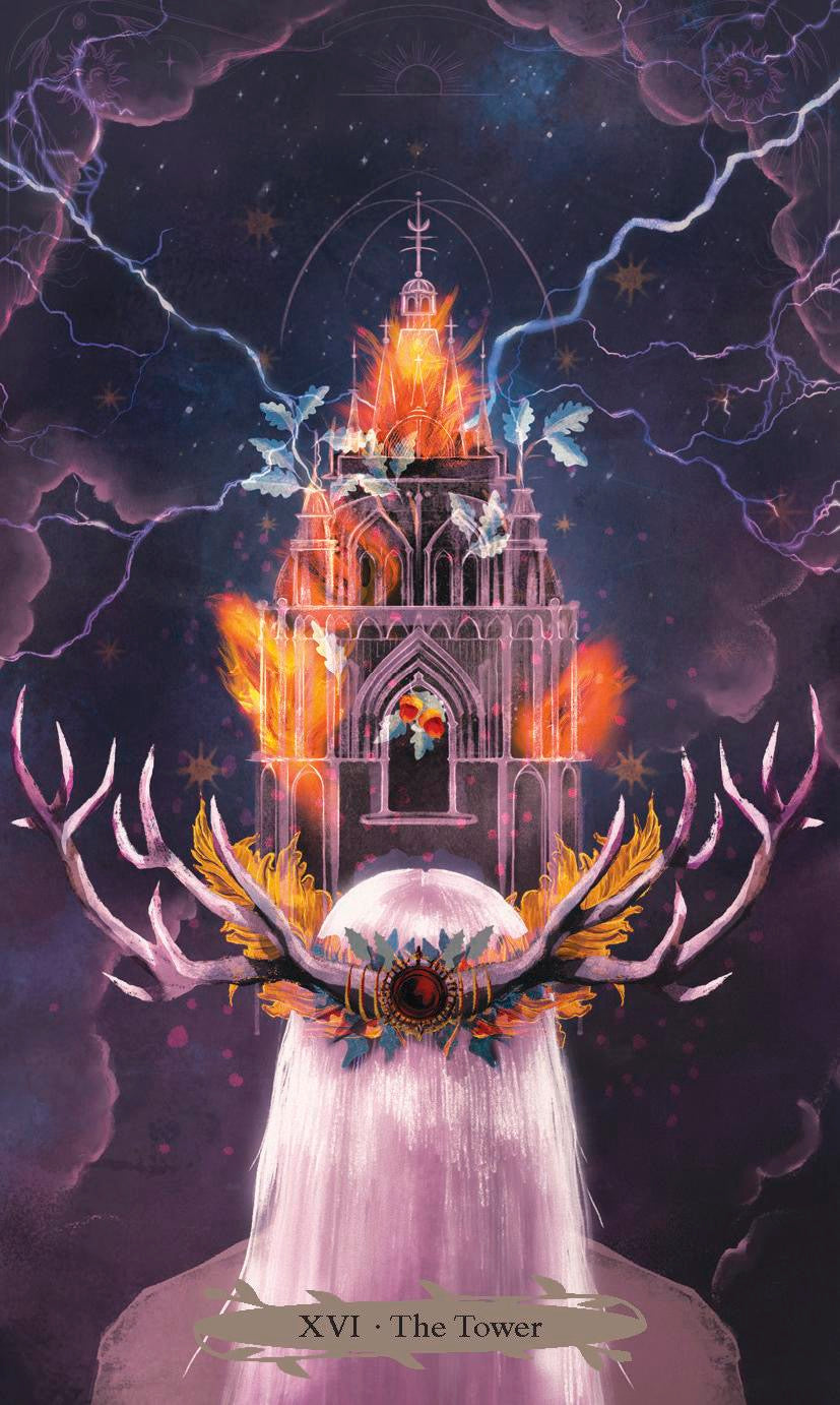 Card featuring a gothic tower with flames and a dark, mystical background