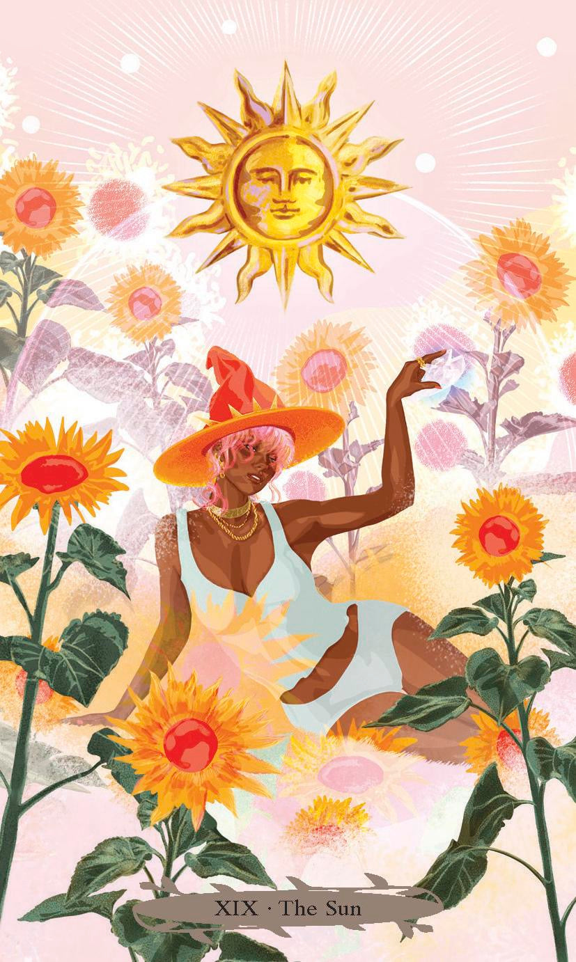 Card featuring a person with a sun hat surrounded by sunflowers and a large sun symbol.