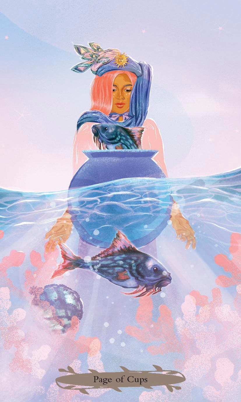 Card from a tarot deck featuring a person with fish on their shoulders and a fish bowl, with text 'Page of Cups' at the bottom.