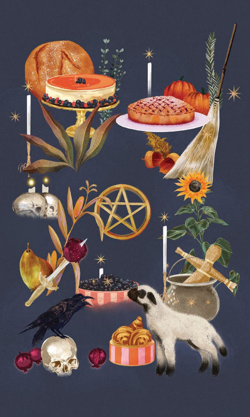 A dark navy art print featuring a whimsical, gothic autumn and occult collage with a sheep, skull, raven, broom, cauldron, candles, cakes, and a pentagram.