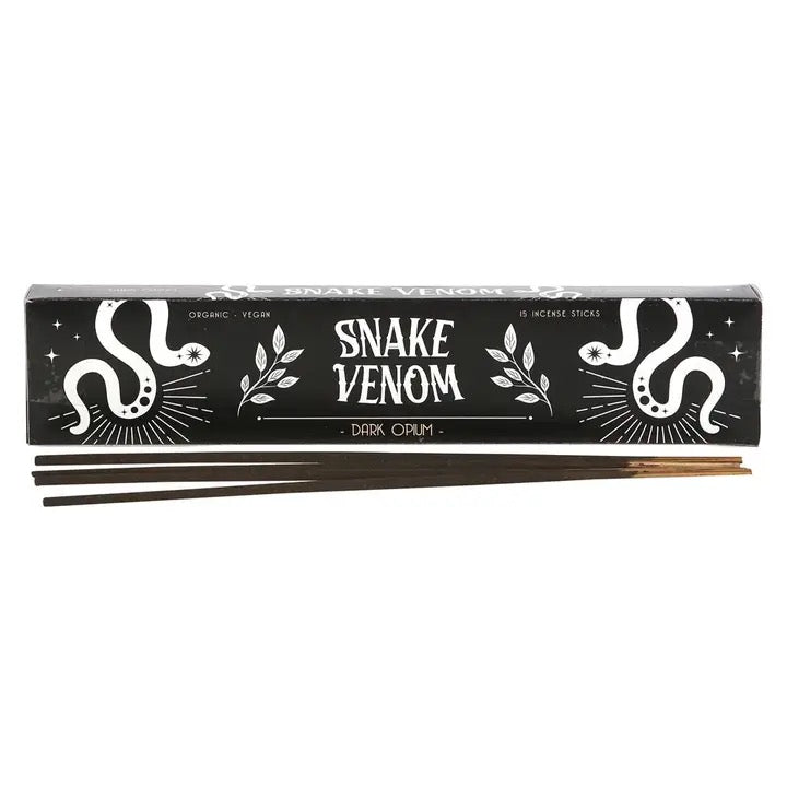 Box of 'Snake Venom' incense sticks with two sticks in front on a white background