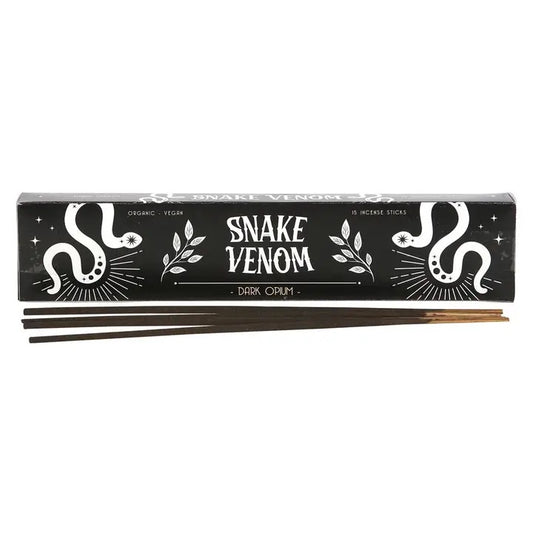 Box of 'Snake Venom' incense sticks with two sticks in front on a white background
