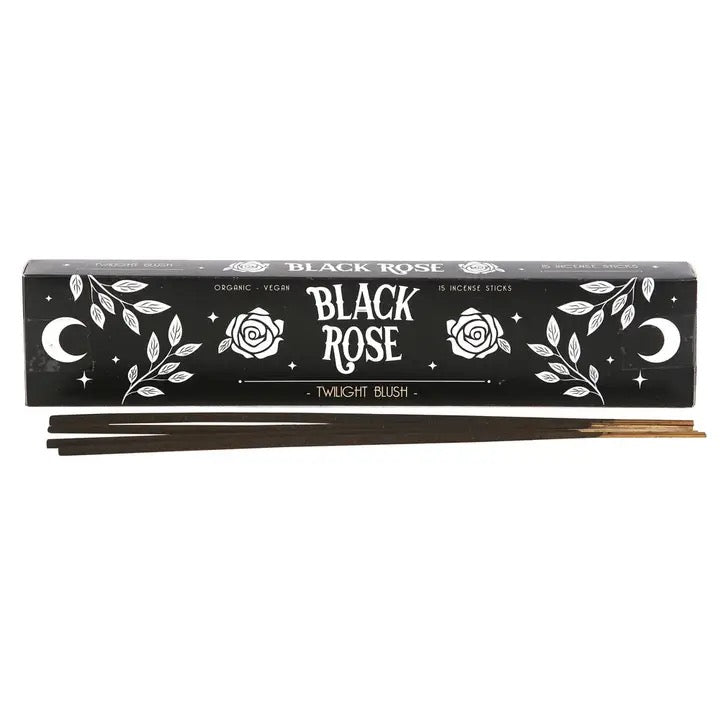 Black Rose incense packaging with incense sticks on a white background