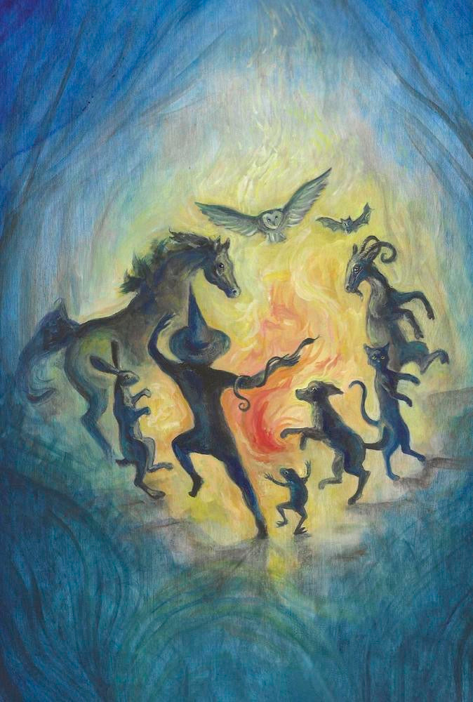 Artistic depiction of a person surrounded by animal-like figures with a fiery background