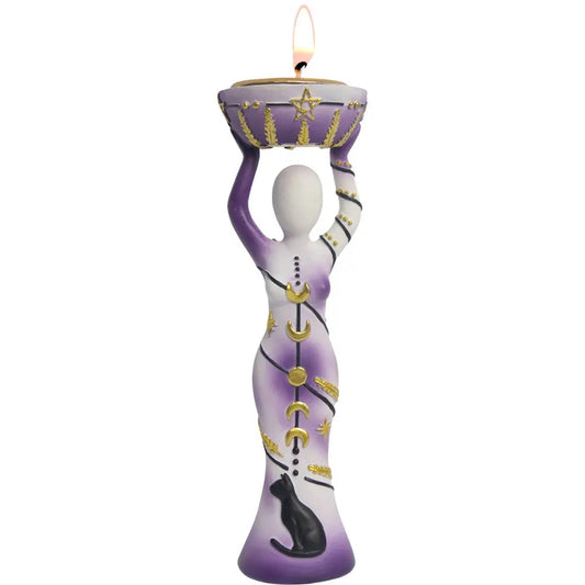 Decorative candle holder shaped like a stylized figure with purple and white design on a white background