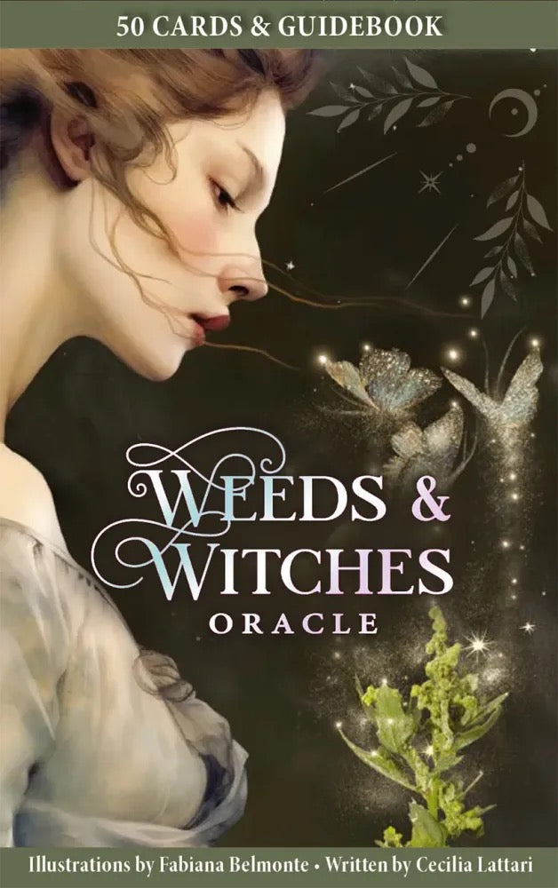 Cover of 'Weeds & Witches Oracle' with a woman and butterfly illustration.