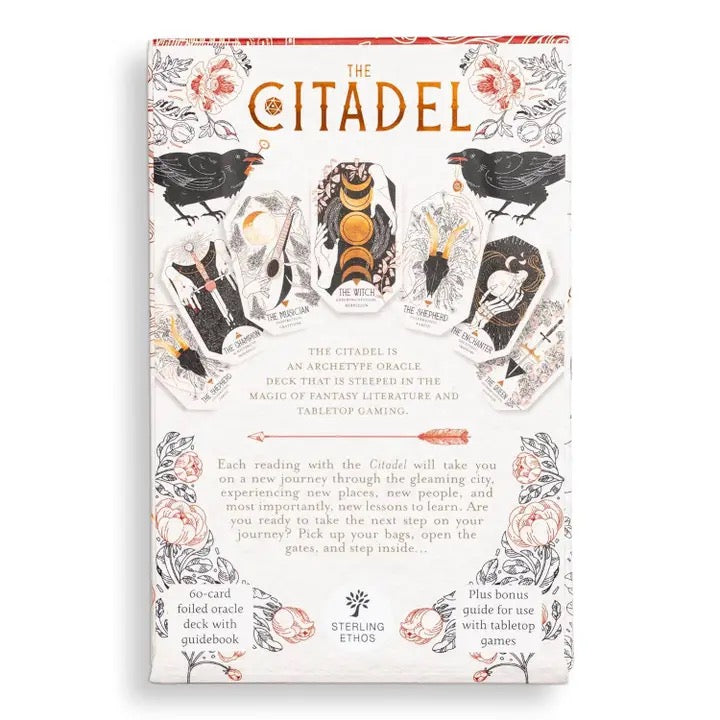 Card deck packaging for 'The Citadel' oracle cards with illustrations and text on a white background.