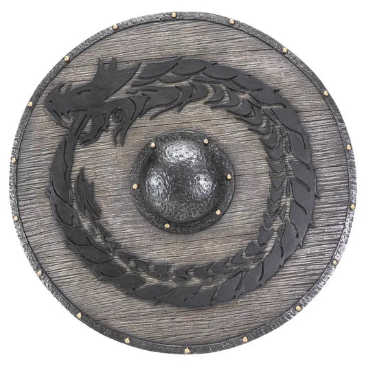 Decorative shield with dragon design on a white background