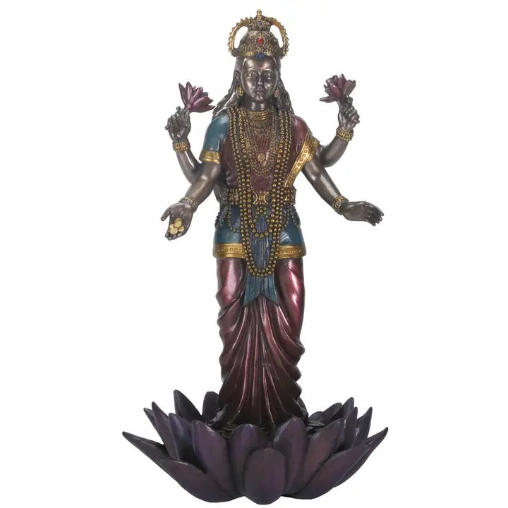 Statue of a deity on a lotus flower with intricate detailing on a white background
