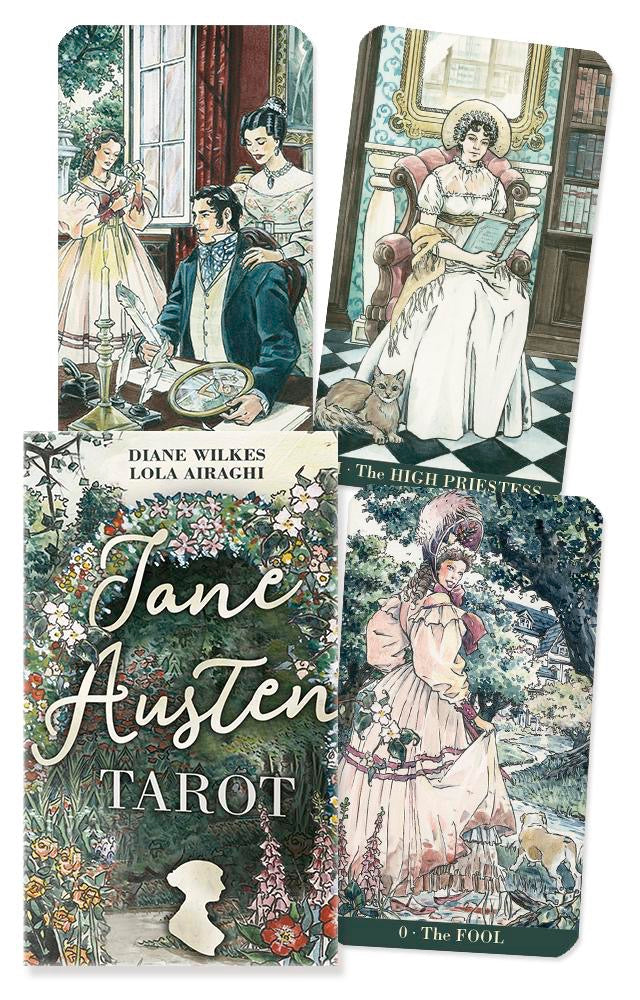 Jane Austen Tarot card set with illustrations of characters and cards.