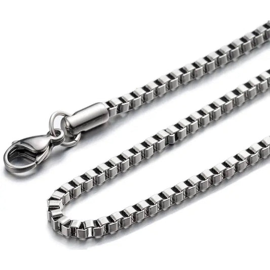 A silver stainless steel box chain necklace with a lobster clasp, shown on a clean white background.