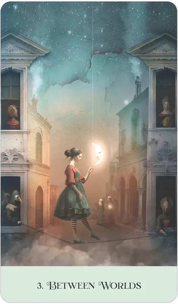 Illustration of a woman holding a lantern in an architectural setting with a dreamy atmosphere.