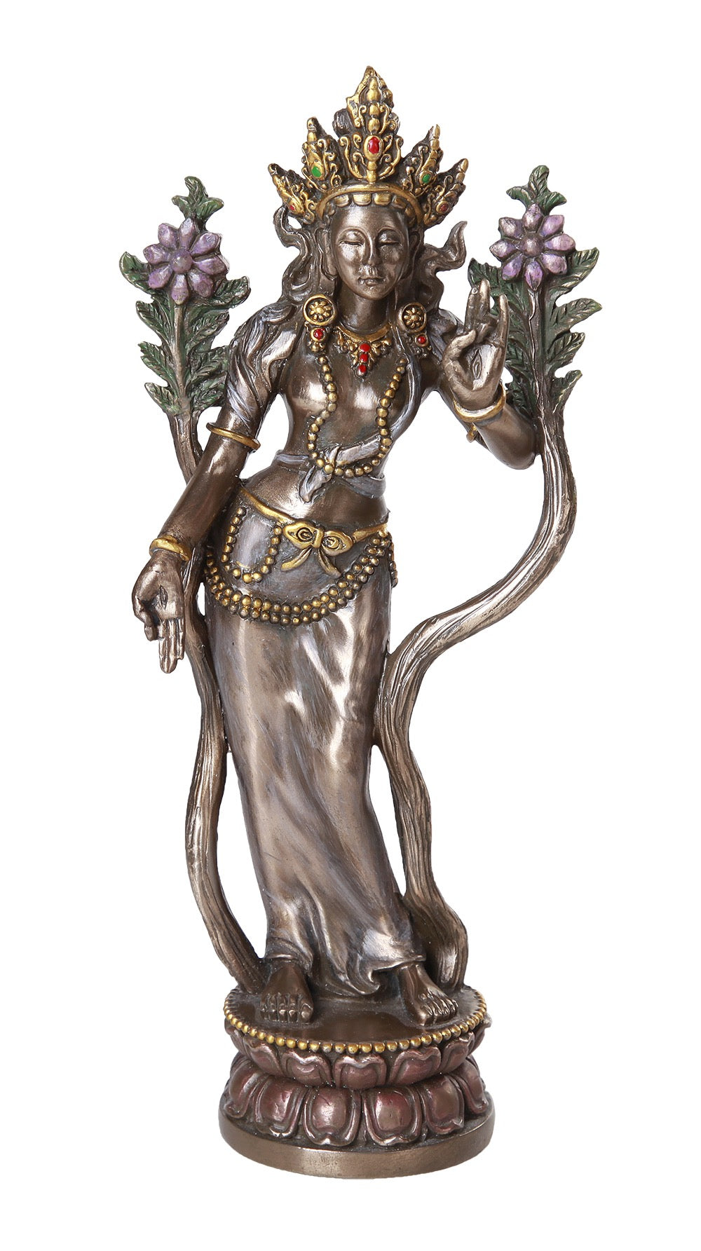 Statue of a deity with intricate details on a white background